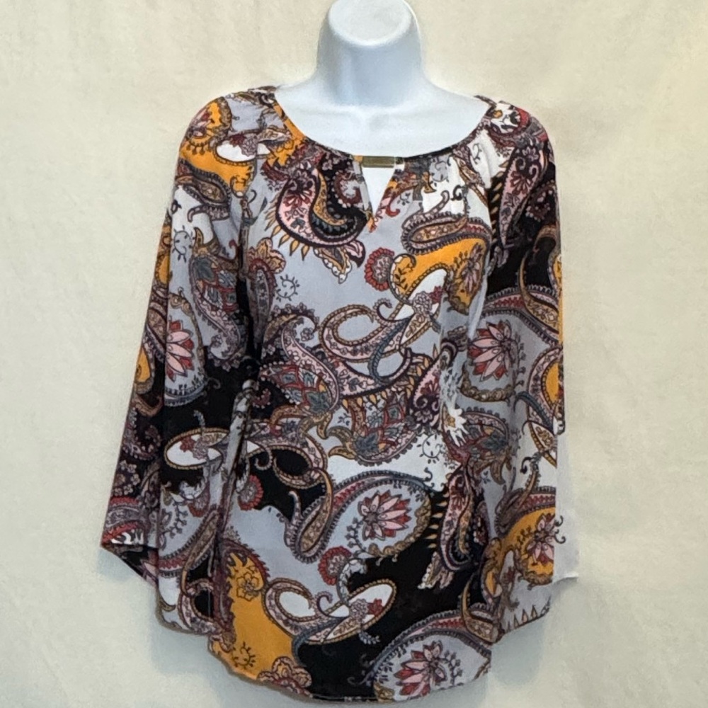 A-109 Zac & Rachel Black White &‎ Yellow Paisley 3/4 Length Split Sleeve Blouse